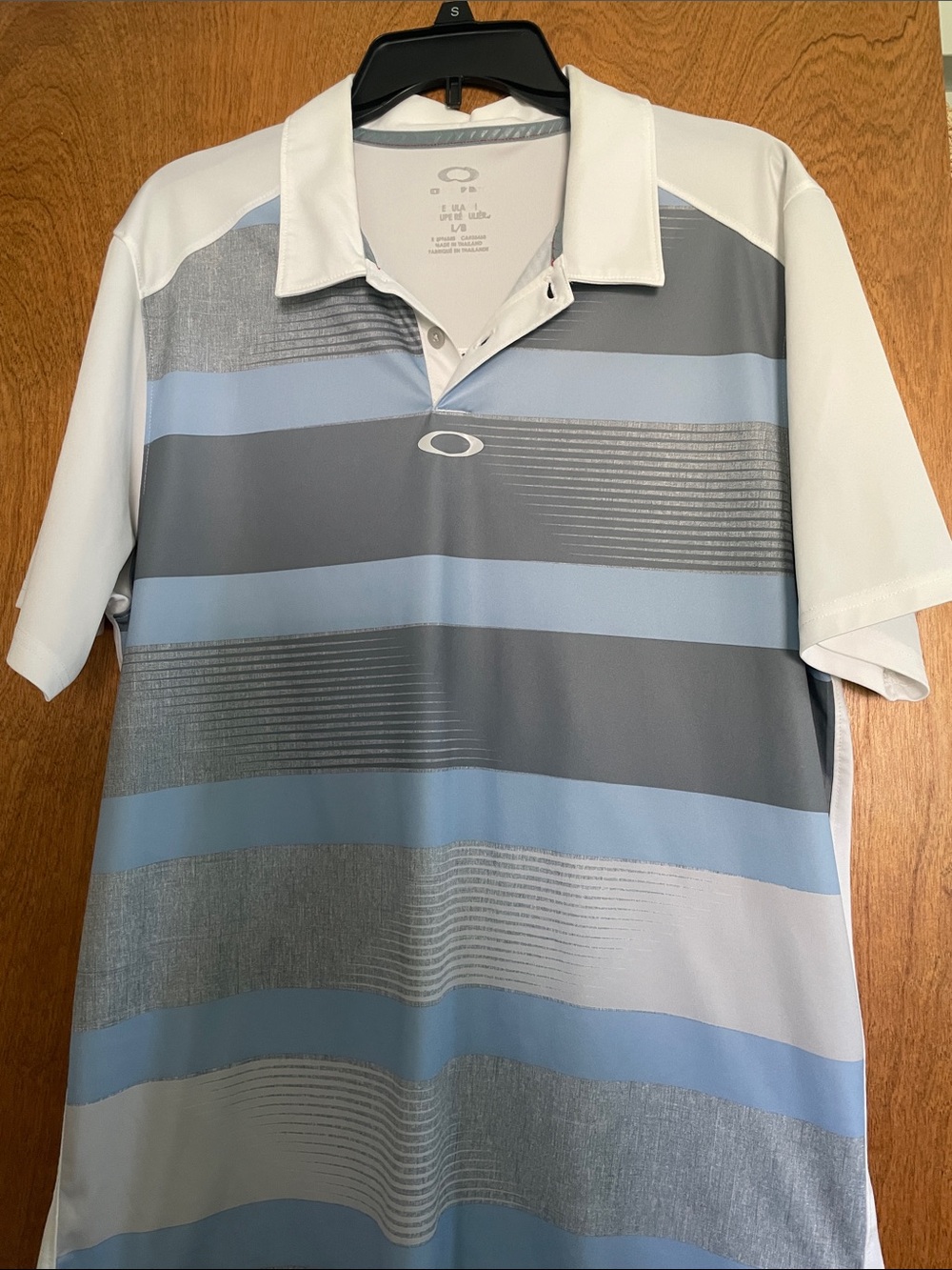 Oakley Men's Blue, Gray and White Striped Performance Polo